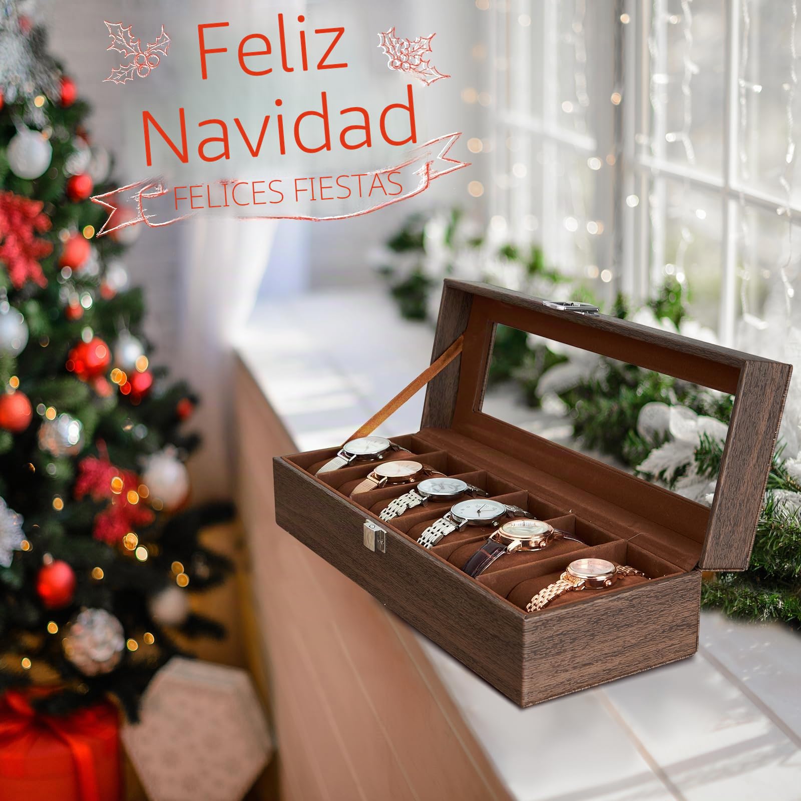 Ohuhu Caja Relojes con 6 Compartimentos, Caja para Relojes con Tapa de Cristal y Cojín Extraíble,Regalo para Cumpleaños Día del Padre Navidad