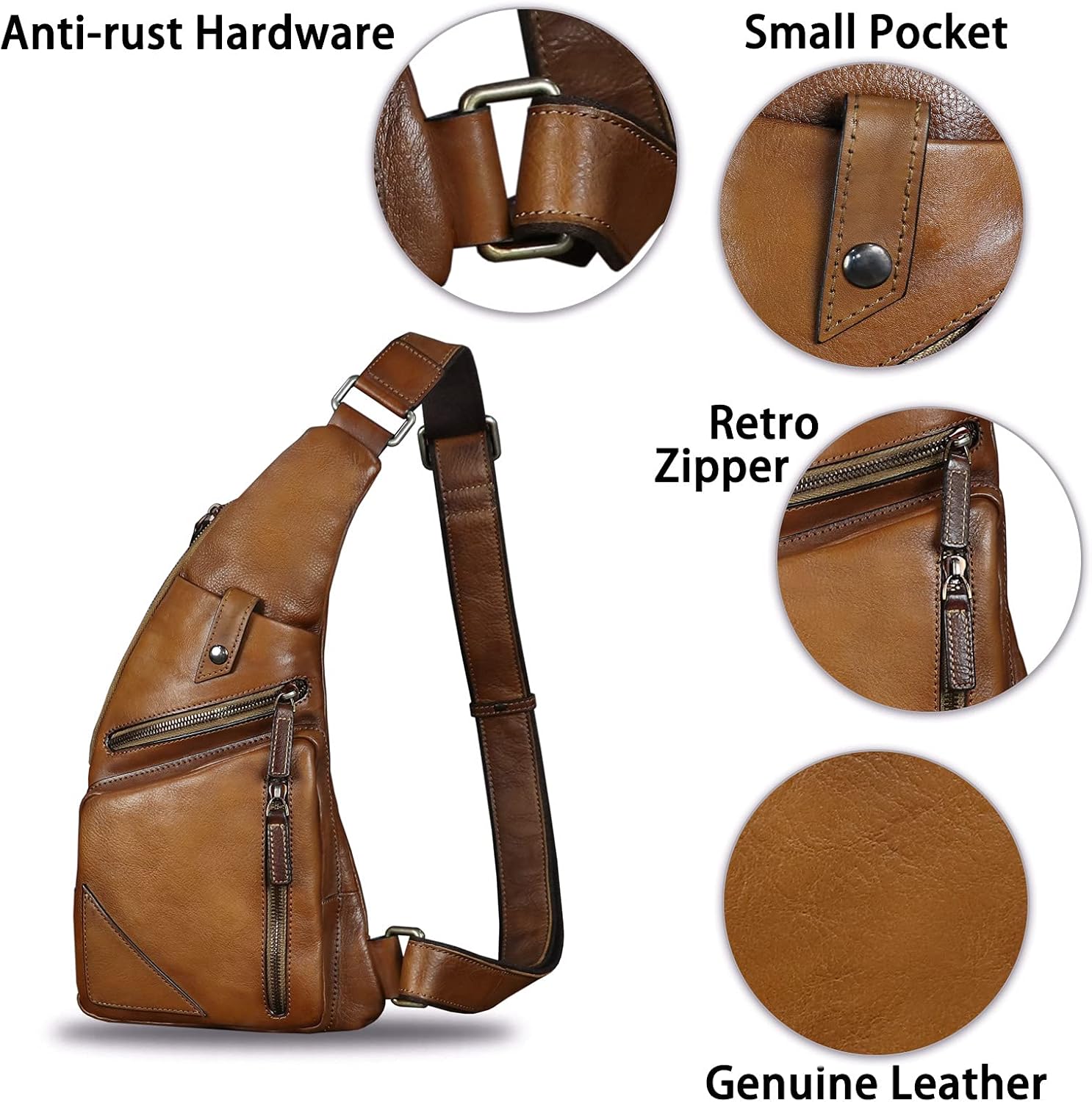 Genuine Leather Sling Bag for Men Vintage Handmade Crossbody Daypack Hiking Backpack Retro Crossbody Shoulder Bags (Brown) - Image 6