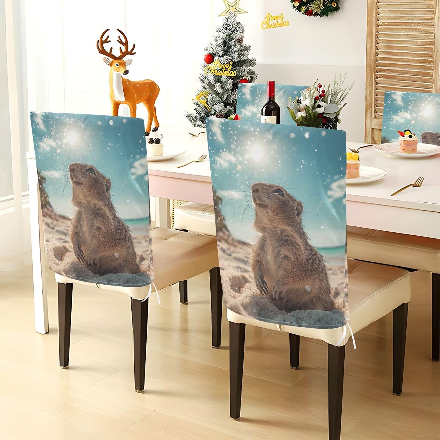 ALAZA Cute Mouse on The Summer Beach Chair Back Cover Set of 6, Washable Reusable Removable Chair Slipcovers Decorative Chair Cover for Home Kitchen Wedding Party