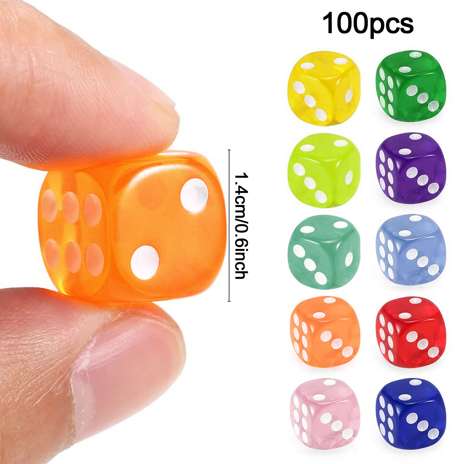 Zestaw 100 sztuk, 14 mm solidne kości do gry w 10 kolorach, 6-stronne akrylowe kości, półprzezroczyste zaokrąglone rogi, do RPG MTG DND i innych gier stołowych, gier w kości, nauczania