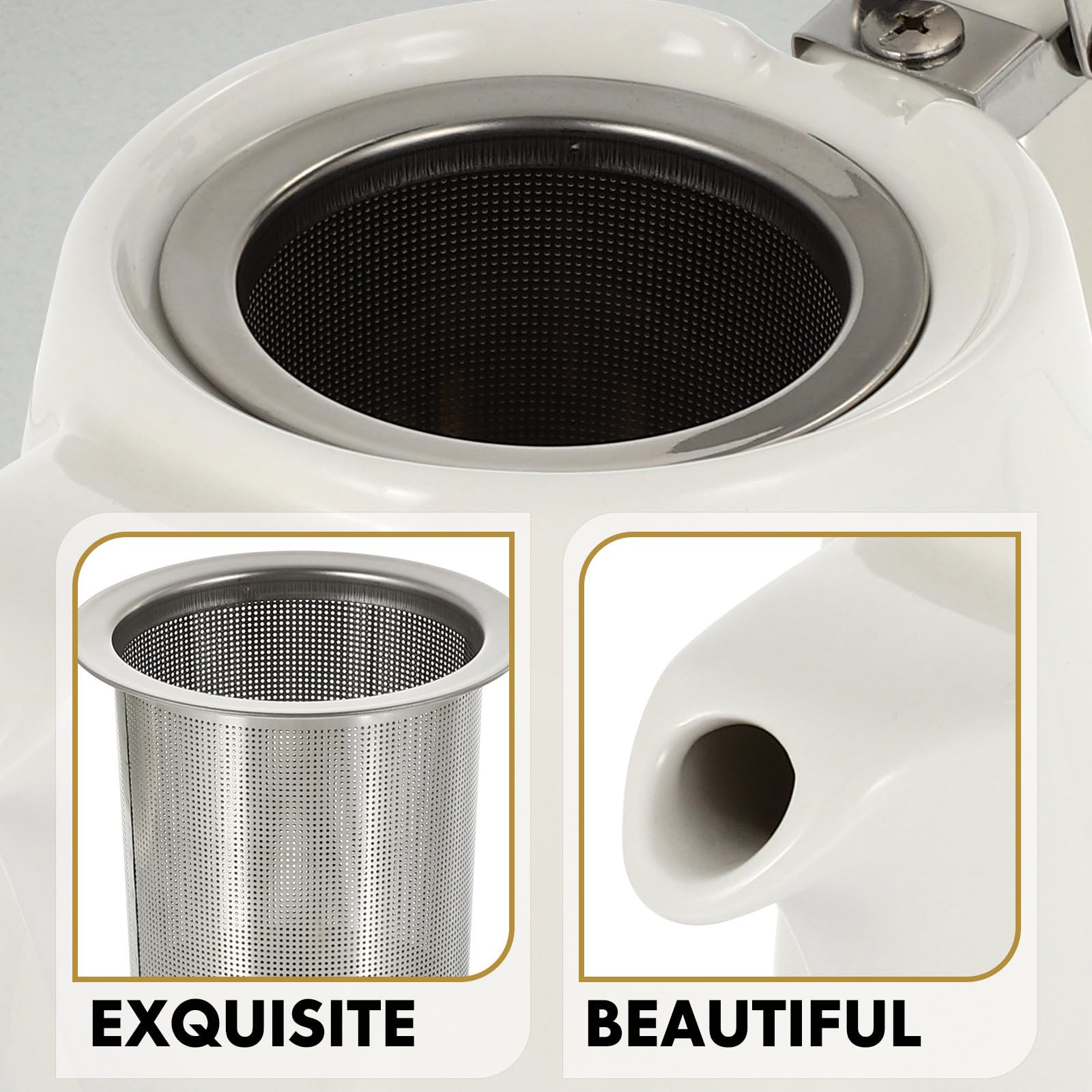 Zerodeko Théière en Céramique avec Filtre, Élégante et Résistante, Théière à Long Bec Blanc Crème 600 Ml