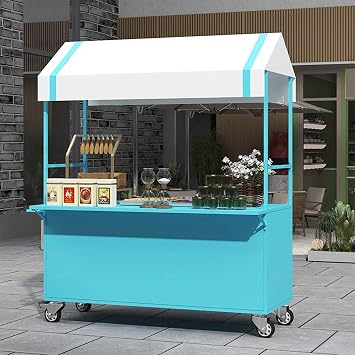 Outdoor Vendor Cart Vending Stand Kiosk Display Trolley with Canopy, Lightweight Farmers Market Stalls with Wheels Awning, Food Cart for Business,for Selling Snacks Sweets Toys