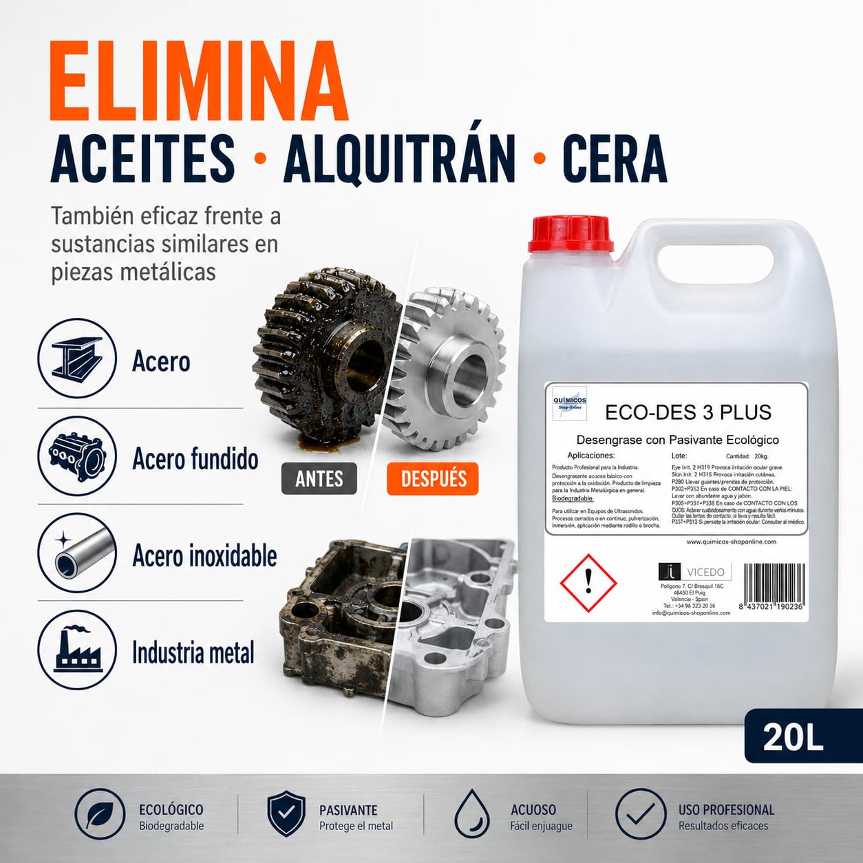 ECO-DES 3 PLUS 20 L, Desengrasante Ecológico con Pasivante para Piezas Metálicas, Uso Directo, Protección frente a la Oxidación, Ultrasonidos e Inmersión.