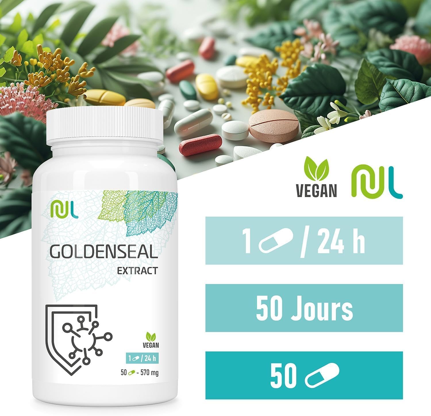 Hydraste du Canada 570 mg Goldenseal - 50 Gélules Végétales - Complément Alimentaire Naturel pour le Bien-Être - Soutien des Défenses Naturelles - Pour 1 Mois - Fabriqué en Europe - Nutri Life