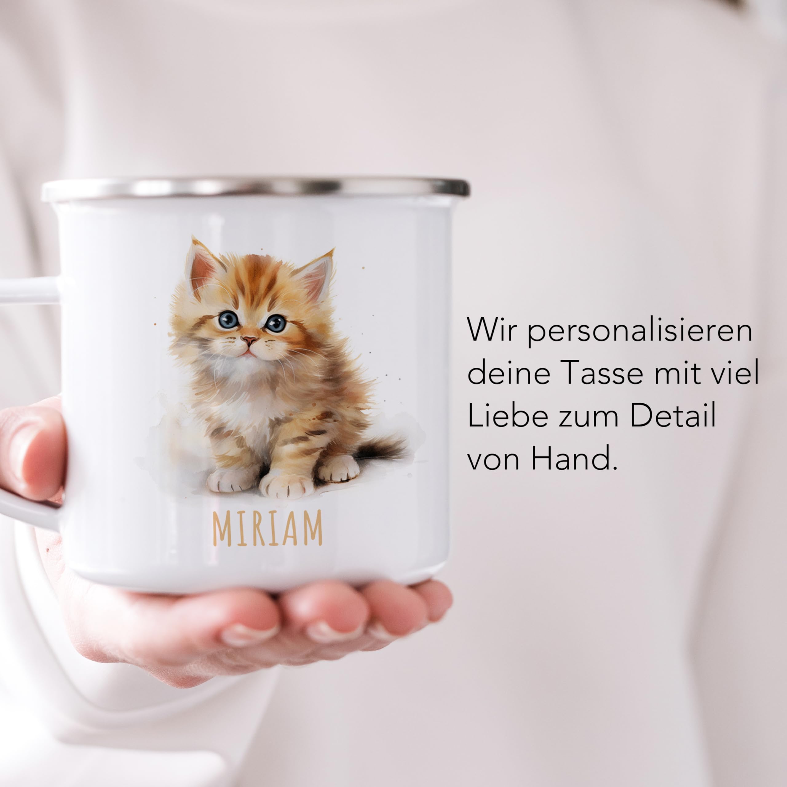 Katze Emaille Tasse Kinder Trinkbecher personalisierte Kindertasse mit Namen süßer Kinderbecher für Mädchen & Jungen Geschenk Emaille Becher 300 ml