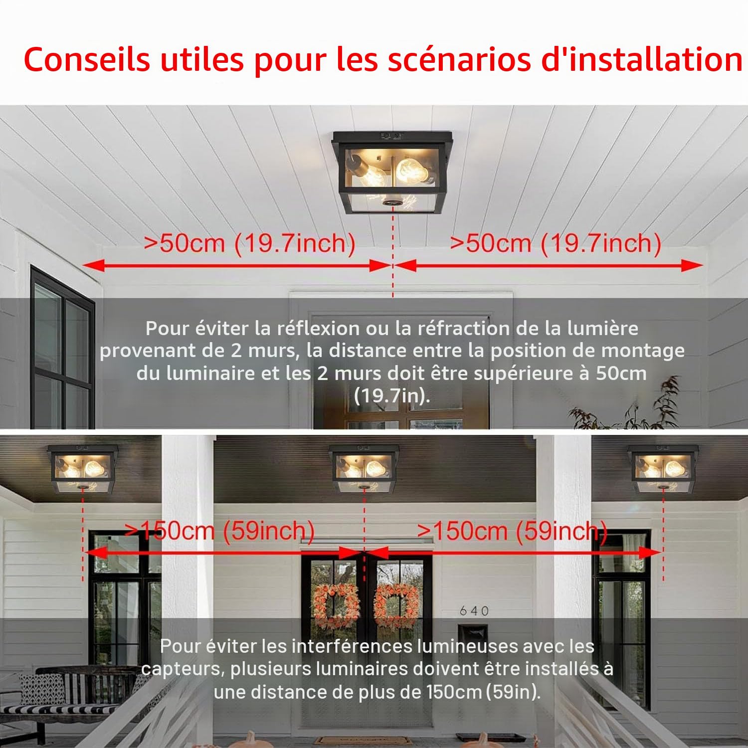 plafonnier E27 exterieur avec detecteur de mouvement Lampe de Plafond en Verre avec Capteur Crepusculaire IP65 Étanche Lumières de Plafond pour Porte d'entrée Balcon Terrasse (ampoule non comprise)