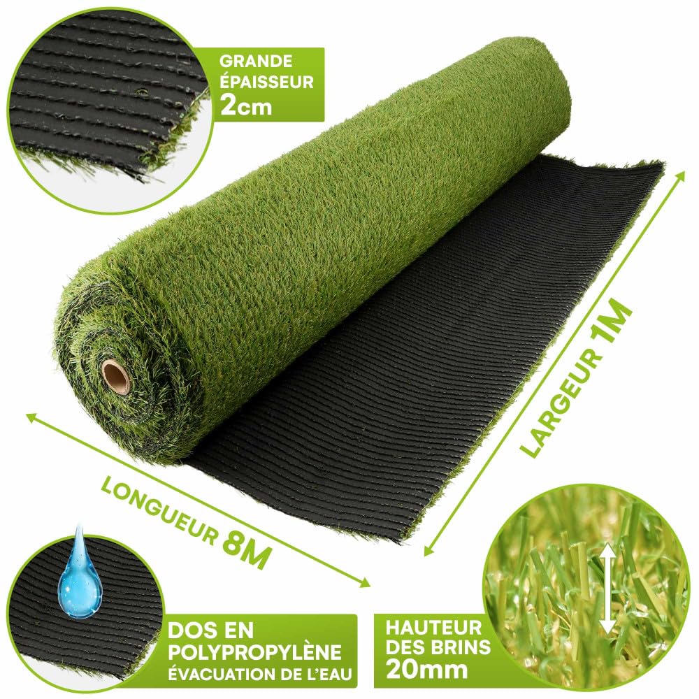 Oxeo Gazon synthétique Artificiel Rouleau 8m2-1230g/m2 - Épaisseur 2cm - Pelouse synthétique Balcon, terrasse - Effet Naturel