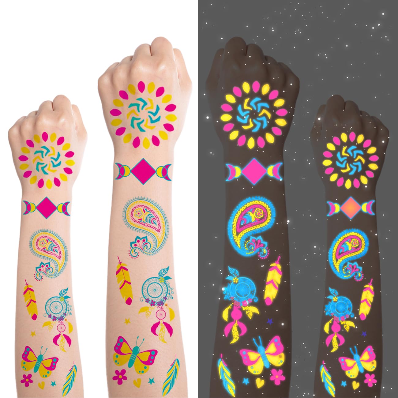 20 Sheets Glow in The Dark Temporary Tattoos 160+Styles Aldult Fake Waterproof Tattoo Stickers for Women Men,Rave Festival Accessory Party Supplies