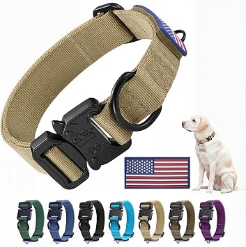 Heavy Duty Tactical Dog Collar Adjustable Nylon Pet Collars Quick Release Buckle with 2 D-Rings Patch for Medium, Large Dogs Khaki, Size M
