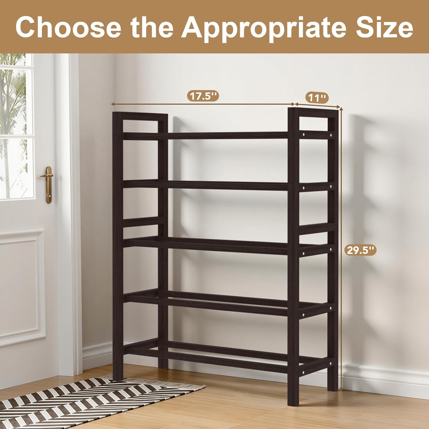 Haddockway Bamboo Shoe Rack for Closet, Free Standing Shoe Organizer with Smooth Round Rods & Convenient Handles, Stackable Shoe Storage Shelf for Entryway, Hallway(Brown, 5-Tier(Small))