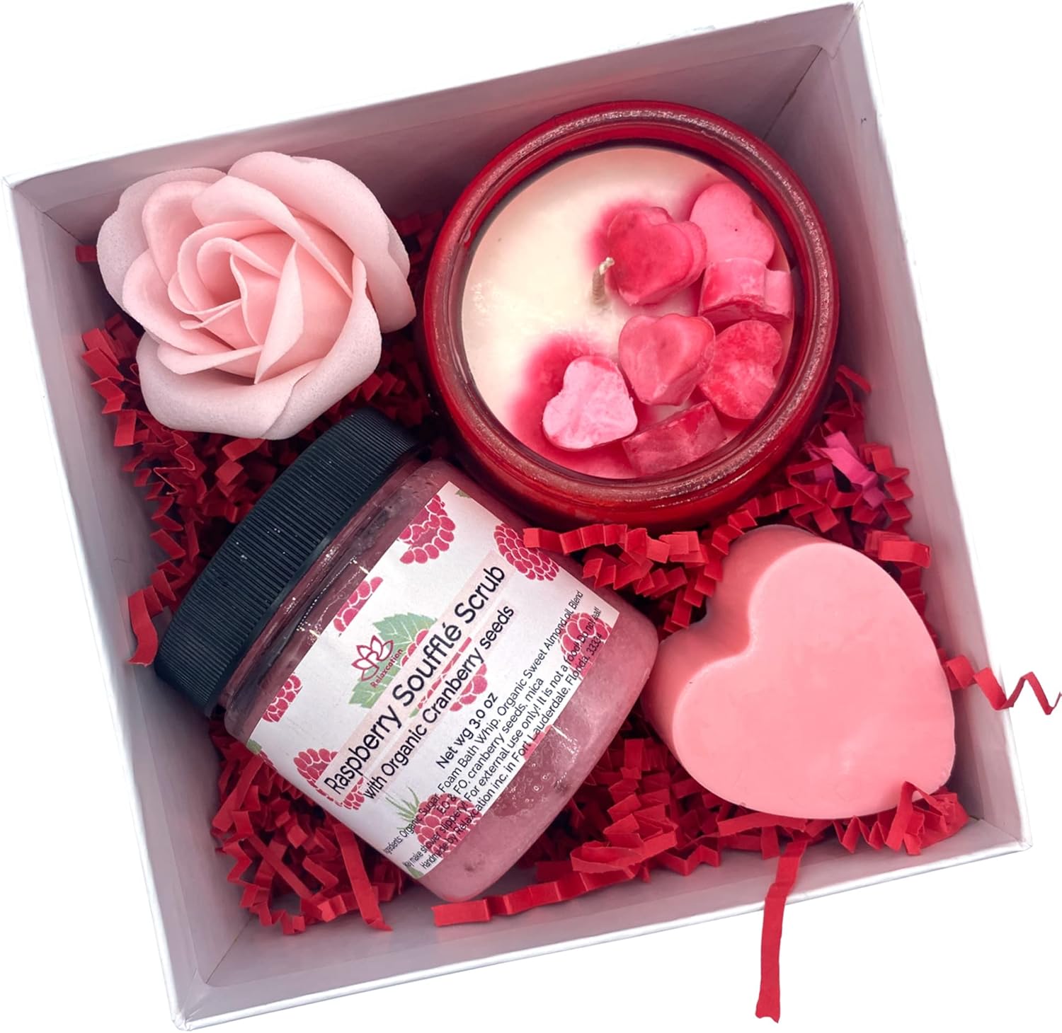 Organic Bath Gift Set for Women - Gentle Raspberry Sugar Scrub, Strawberry Shea Butter Soap, Bella's Kiss Candle in Glass Jar - Spa Gift Basket in White Box Gift for Her - Made in USA