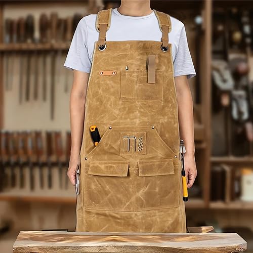 Miniatura 5 de Delantal de carpintería de lona encerada para hombre con bolsillos, delantal de taller resistente, correas cruzadas ajustables a S-3XL