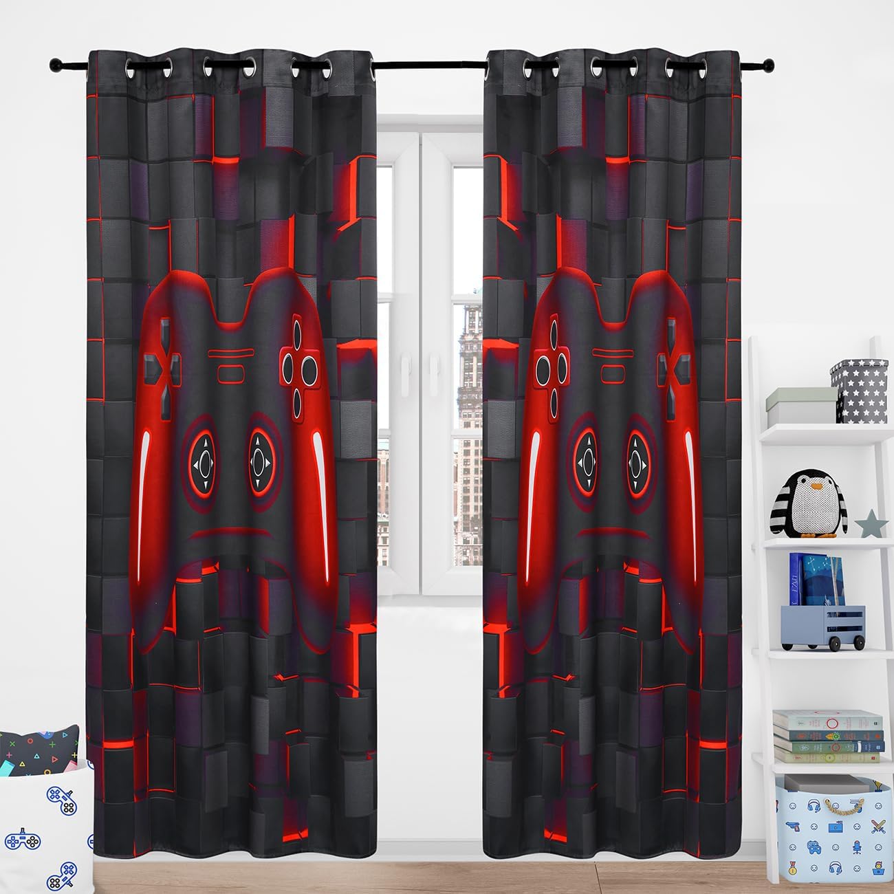 PERFEMET Boys Bedroom Curtains 2 Panels Black Red Video Game Console Kids Blackout Curtain Drapes Cool Darkening Gaming Teens Grommet Window Treatment Colorful Living Room Decor(Red, 42x63inch)