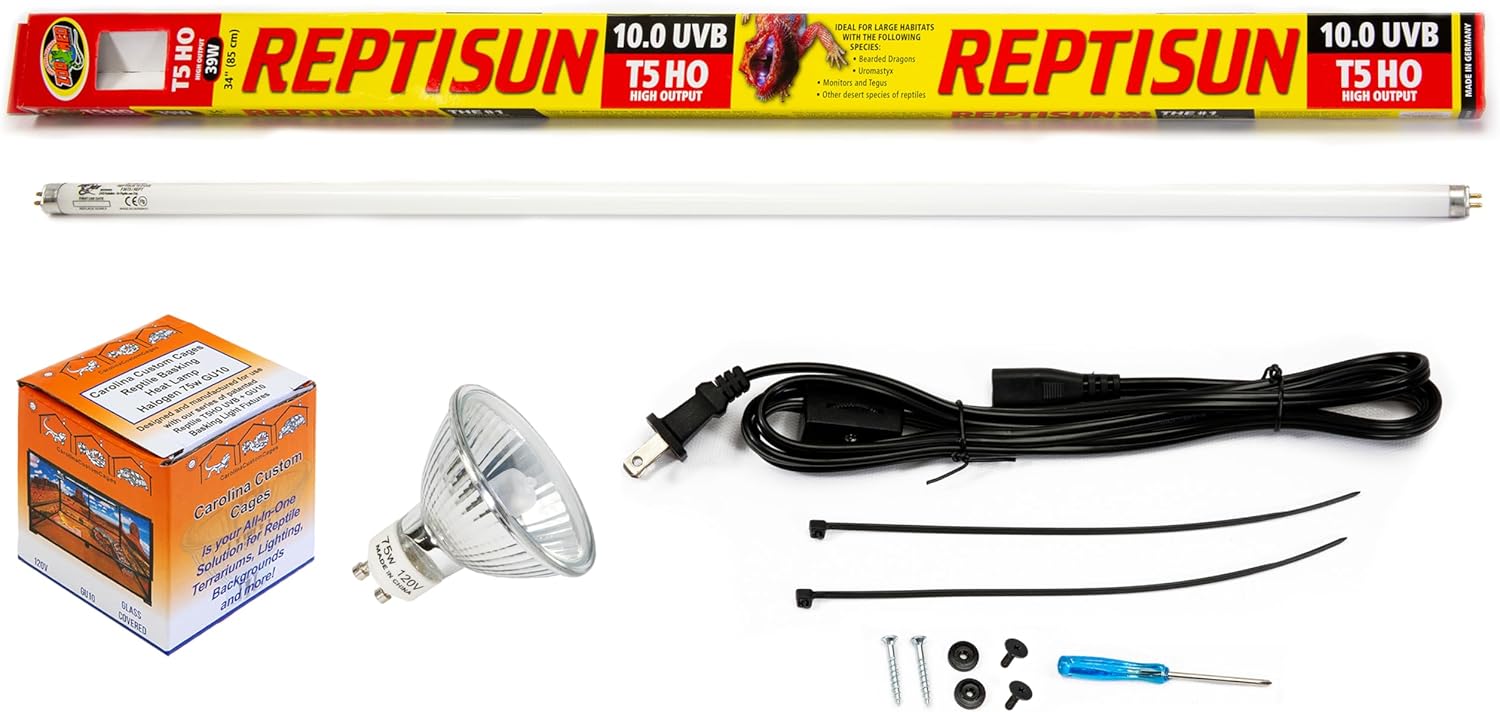 CAROLINACUSTOMCAGES Reptile 34" T5HO UVB 39W + Single GU10 Basking Light Fixture, Bundle with 10.0 UVB Tube and 75w Heat Lamp