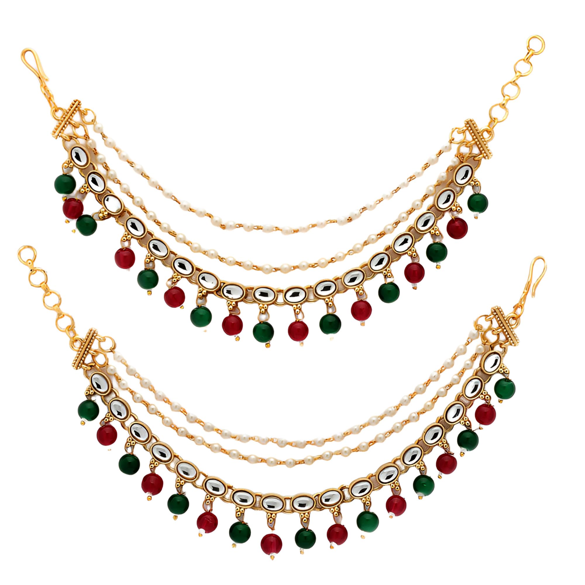 Gold Plated Ear Chain (Kaan Chain) for Women, Pearl Layered Sahare with Floral Design & Drop Beads, Bridal & Ethnic Jewelry-image-11
