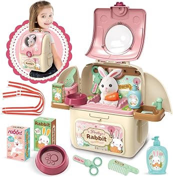 Girl Toys Gifts for 2 3 4 5 6 Years Old, Toddler Girl Toys, Bunny Toys for Kids, Easters Gifts for Girls, Pet Care Pretend Toys with Toy Bunny & Storage Backpack