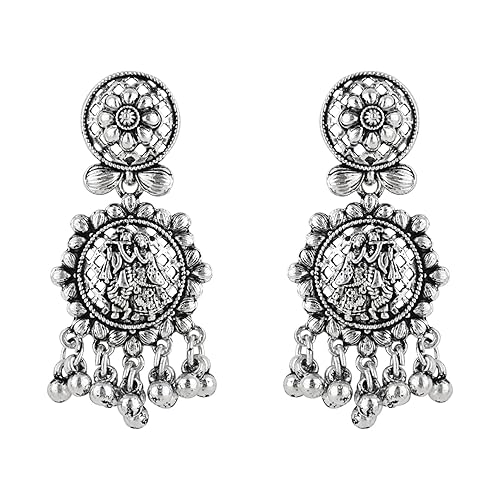 Navratri Silver Oxidised Afghani Style Radhe Krishna Flute Figurative Designer Earrings For Women (E3230OX)