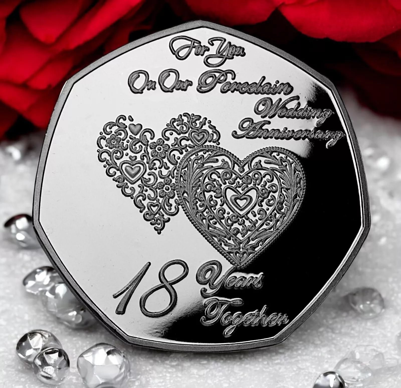 The Commemorative Coin Company ON OUR 18th PORCELAIN WEDDING ANNIVERSARY Silver Commemorative. 18 Years Together Husband/Wife/Partner Gift/Present Love/Token