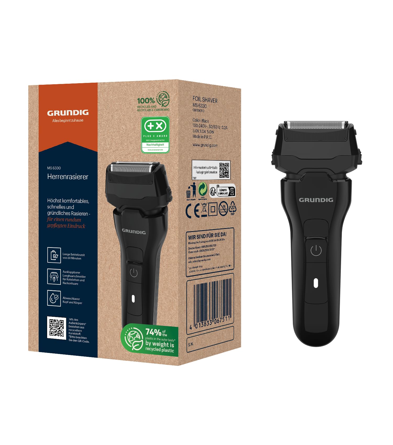 GRUNDIG MS 6330 - Maquinilla de afeitar para hombre (60 minutos, plegable, sistema de corte de 3 vías, carcasa de 74% plástico reciclado), color negro