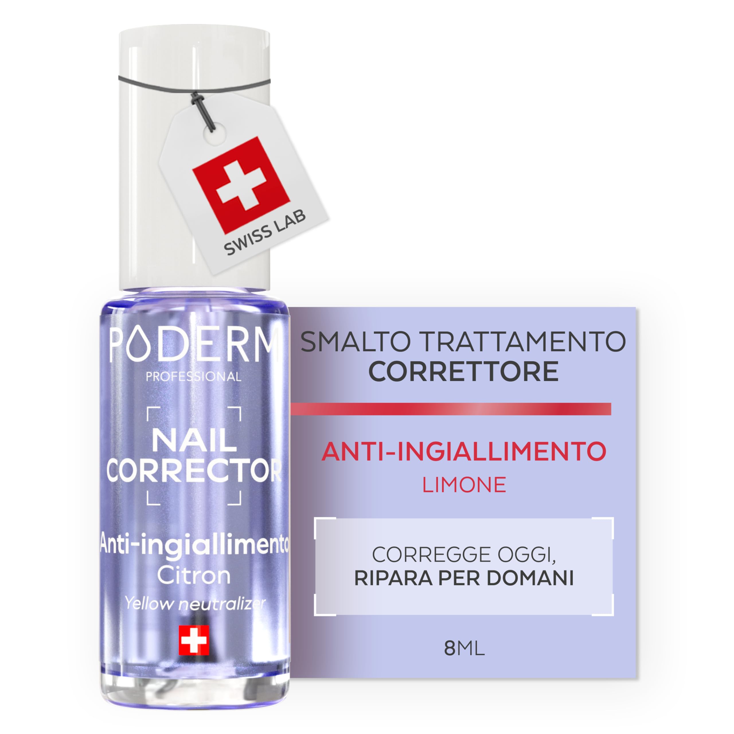 PODERM Smalto Trattamento Correttore & Perfezionatore – De-Ingiallente al Limone | 8 ML – Ripristina la Chiarezza con Finitura Brillante per Unghie Macchiate | Sviluppato da un Podologo in Svizzera