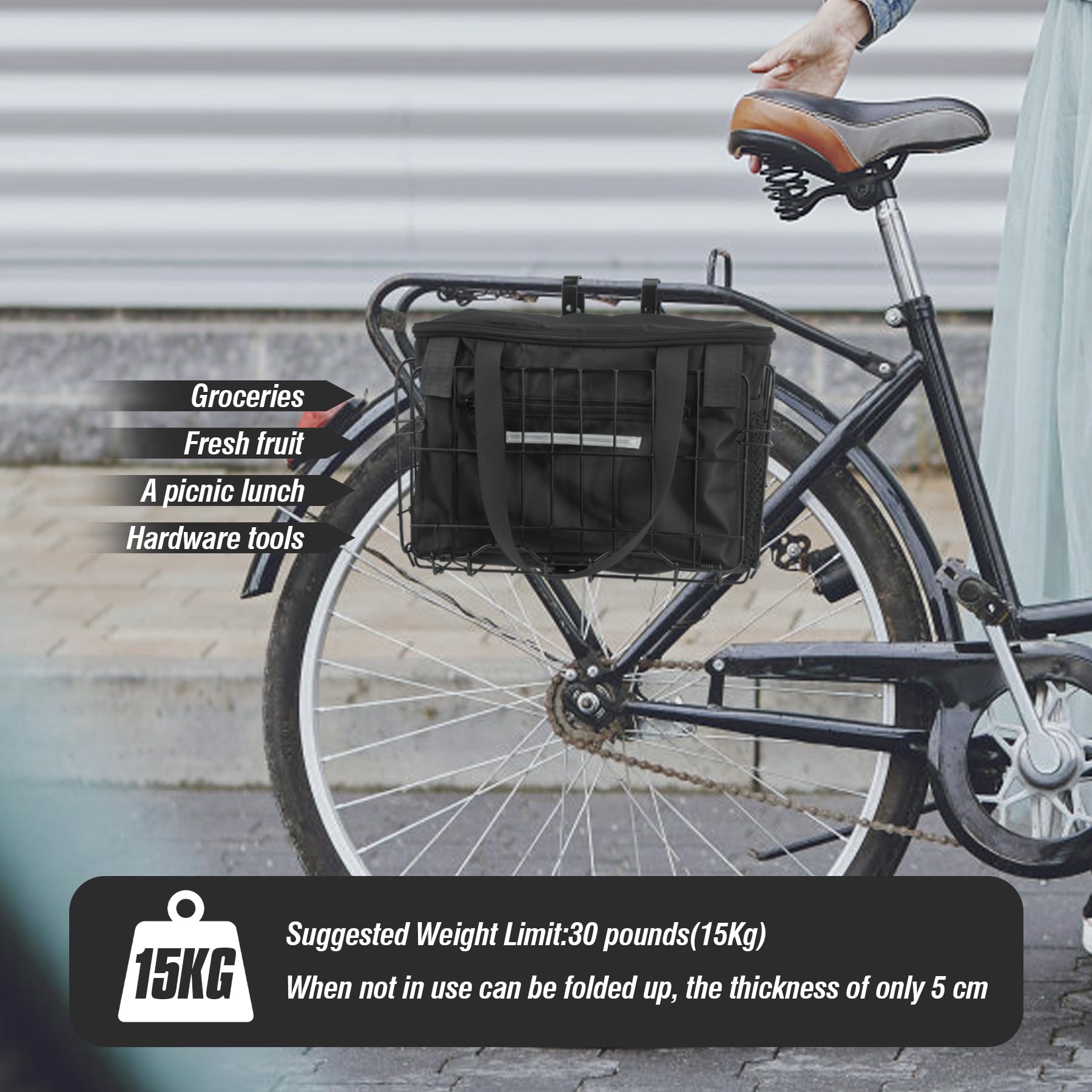 Spesh Foldable Bicycle Basket Steel Wire Bike Basket with Black Liner Bag Quick Release Design Bicycle Cargo for Carrying Grocery