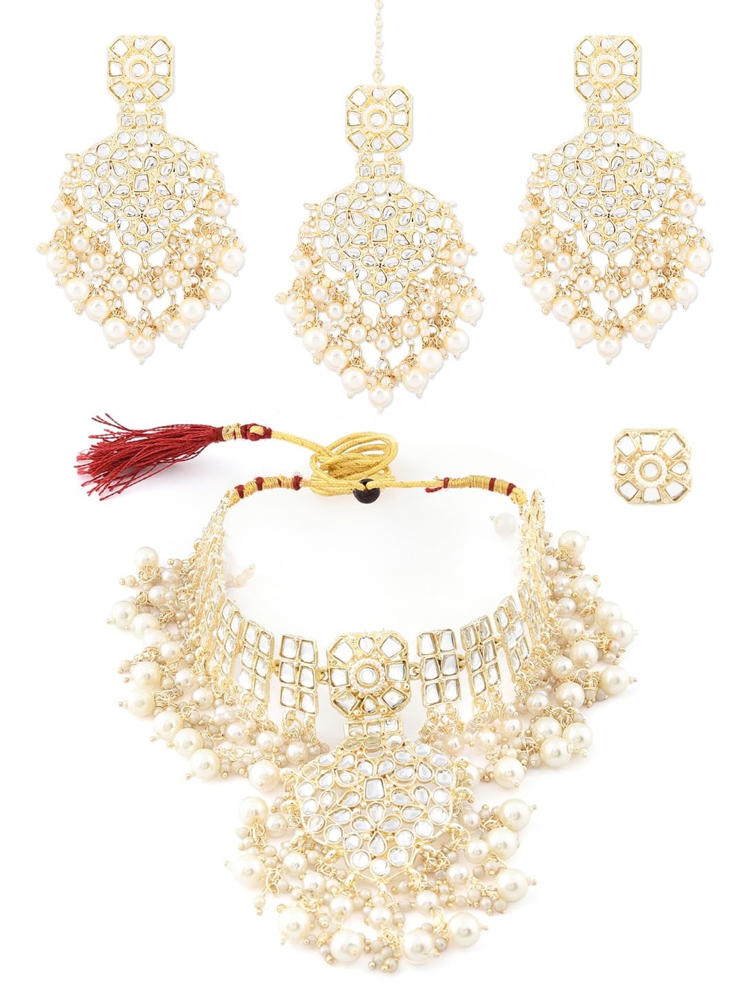 ZAVERI PEARLS Gold Tone Kundan & Pearls Choker Necklace Earring Maangtikka & Ring Set For Women-ZPFK18780