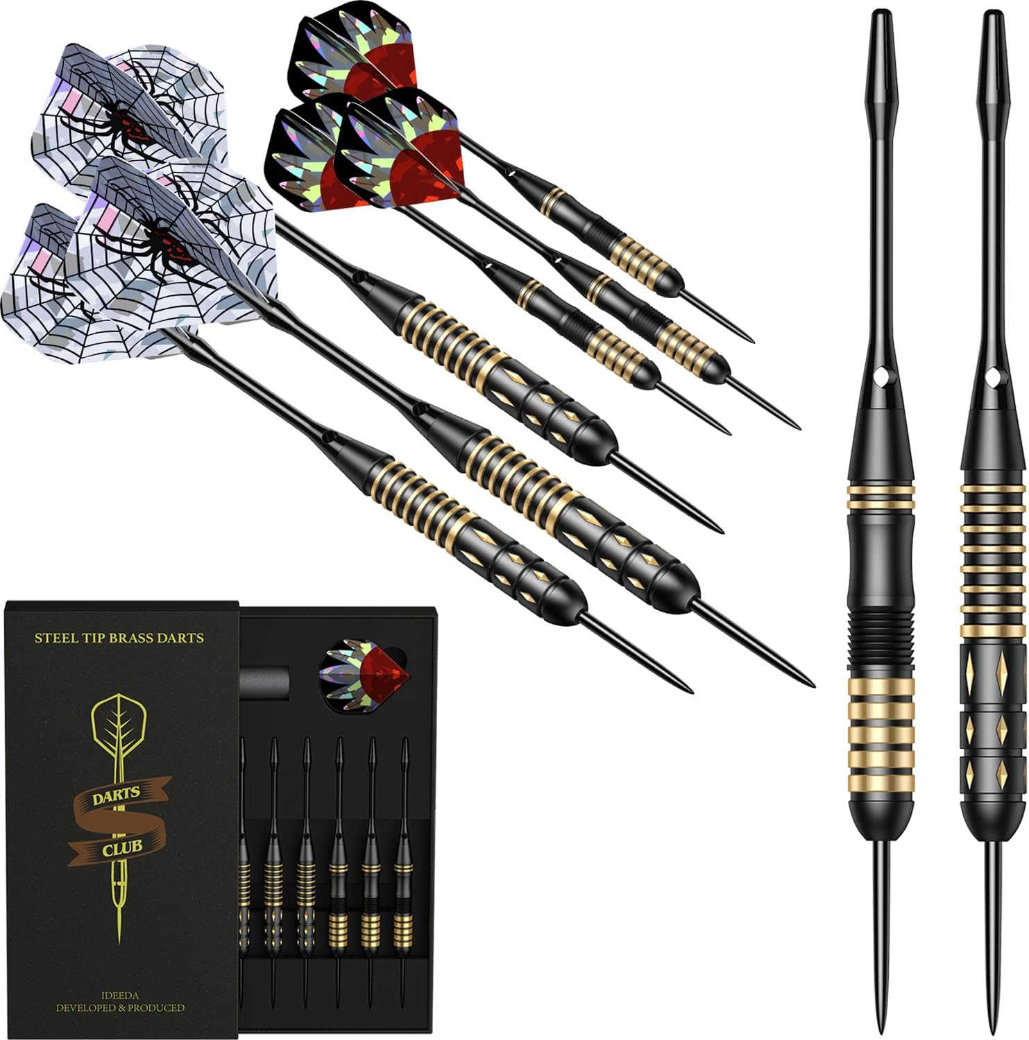 Professional Steel Tip Darts Set 6 Brass Darts 22g/24g + 12 Aluminum