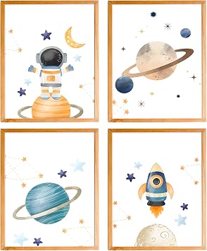 BearCake Space Wall Decor, Space Decor for Boys Room, Solar System Spaceman Outer Poster Prints Wall Art Decor for Classroom,Toddler Boy Room Decor, 8x10 Inches Set of 4 Unframed