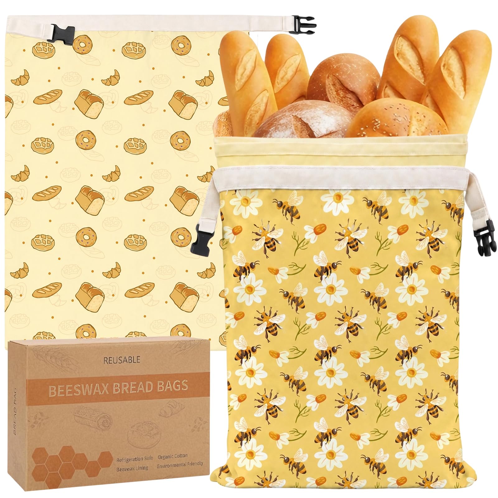 Afritee Beeswax Bread Bags for Bread, Sourdough, Pack of 2, Large Reusable Bread Bag with Beeswax, Natural Beeswax Bags with Clip Closure for Longer Freshness, Washable, 43 x 32 cm