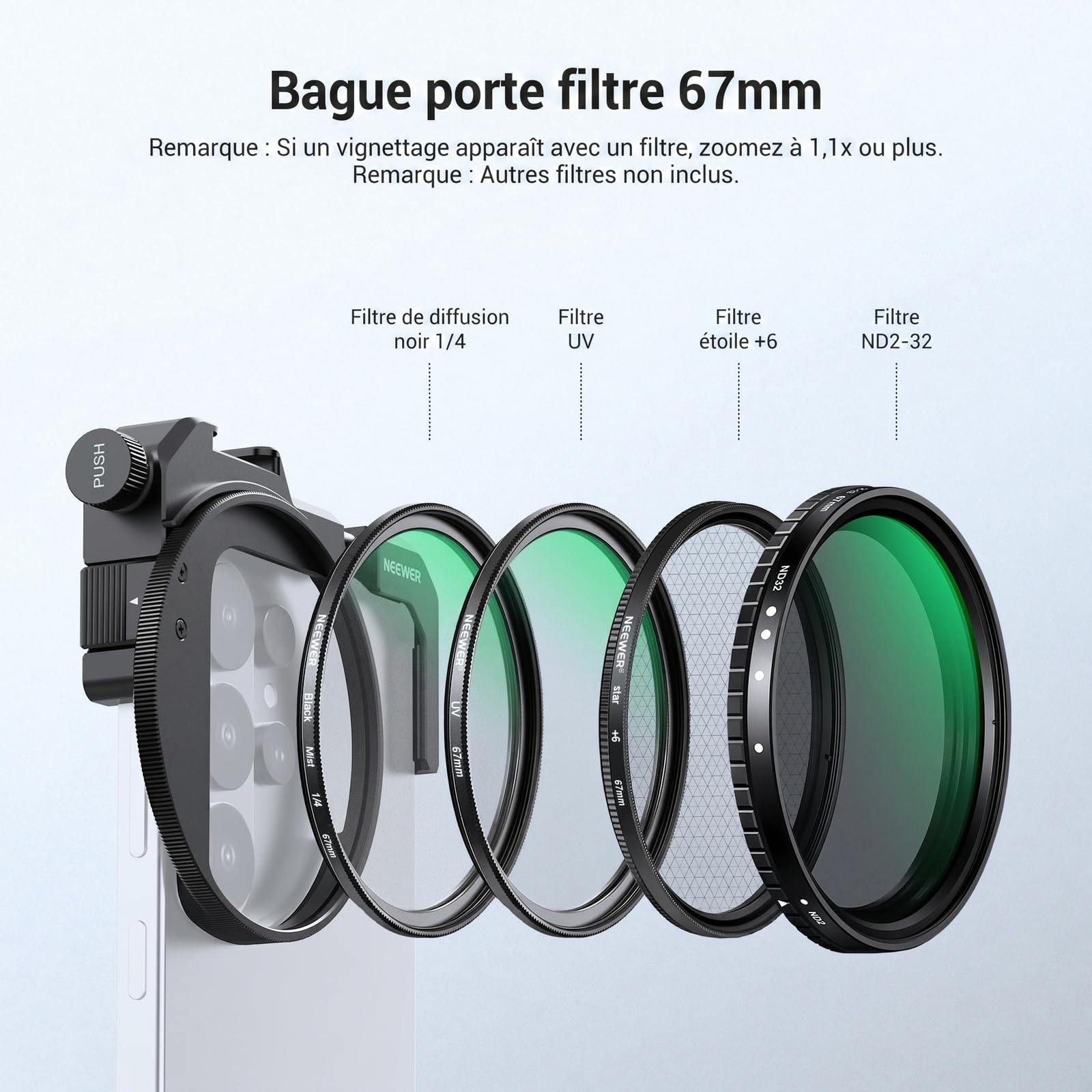NEEWER 67mm Support de Filtre pour Téléphone avec Pince Réglable, Fixation pour Griffe Flash et Filtre CPL, Accessoires Photo Compatibles avec iPhone 17 16 15 14 Samsung Galaxy S26 Ultra S25, FL-112