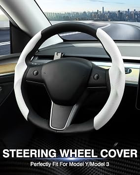 Canvcle Tesla, Telsa Model 3 / Y Karbon Fiber Direksiyon Kılıfı Erkek/Kadın için Özel Montajlı Direksiyon Kılıfı, Kaymaz, Rahat Tutuş, Nefes Alabilir, Model 3 / Y Aksesuarları (Beyaz)