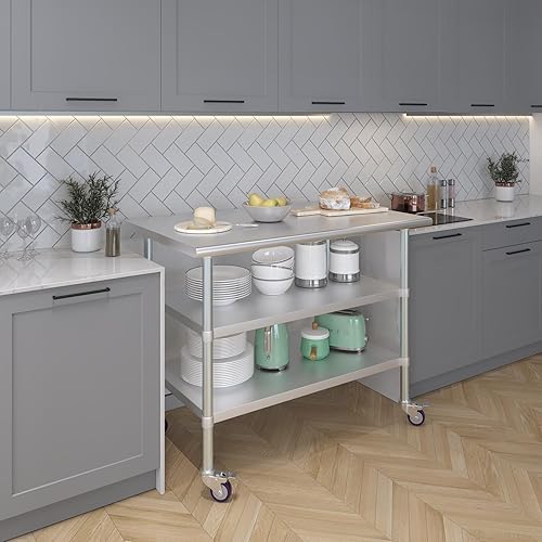 Miniatura 6 de AmGood Mesa de trabajo de acero inoxidable con 2 estantes y ruedas  Mesa de trabajo de metal con ruedas (mesa de trabajo de acero inoxidable con 2