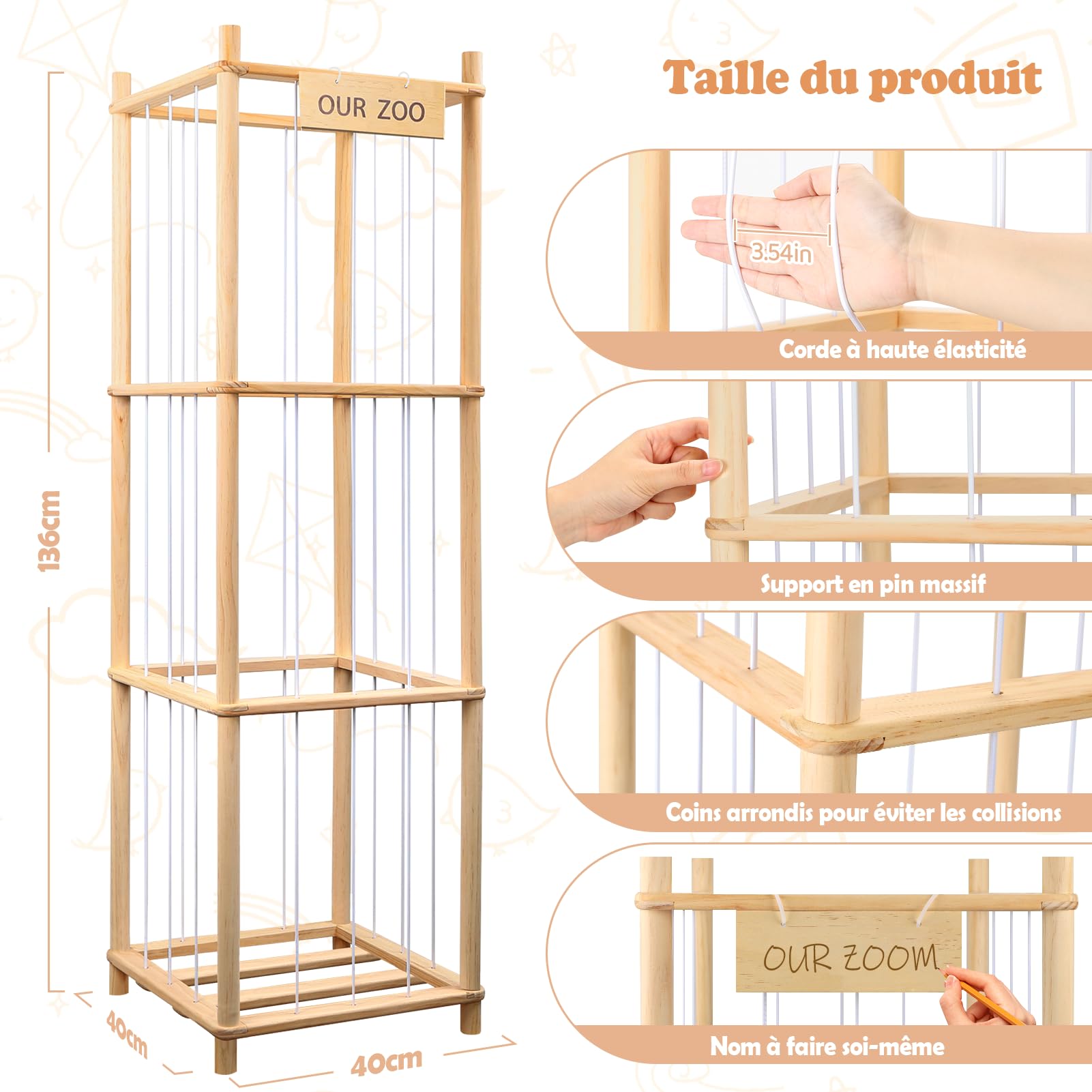 Rangement Peluche de Enfant, Range Peluche en Bois Gain de Place,Grande Capacité,136*40*40CM Plush Storage Tower Rangement Jouet Enfant pour Chambre à Enfants, Salle de Jeu, Chambre à Coucher‌, Salon