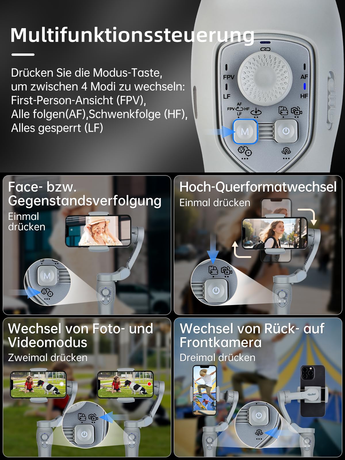 Rollei Steady Butler Mobil 3 SE Gimbal Smartphone 3 Achsen | Handy Stabilisator Leichter 280g mit App Steuerung Kompatibel mit iPhone Android, Gimbal-Smartphone-Handy-Stabilisator-Video