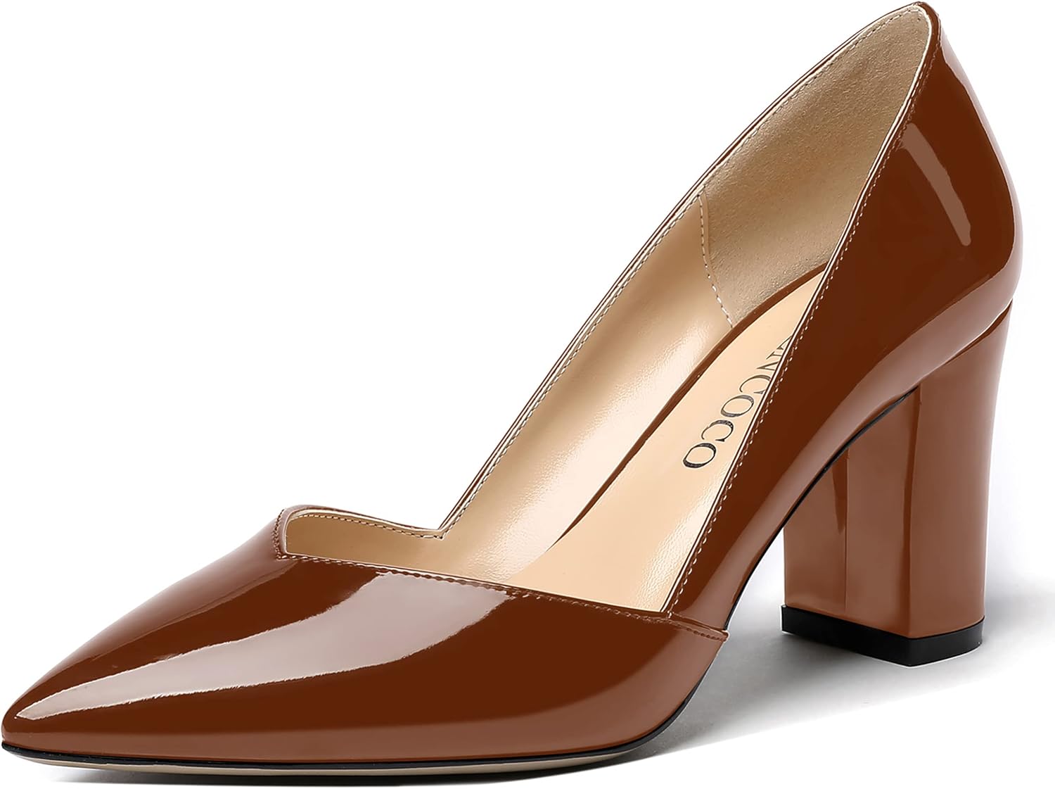 MODENCOCO Women's Pointed Toe Slip On Patent Cut Out Block High Heel Pumps Shoes 3.5 Inch