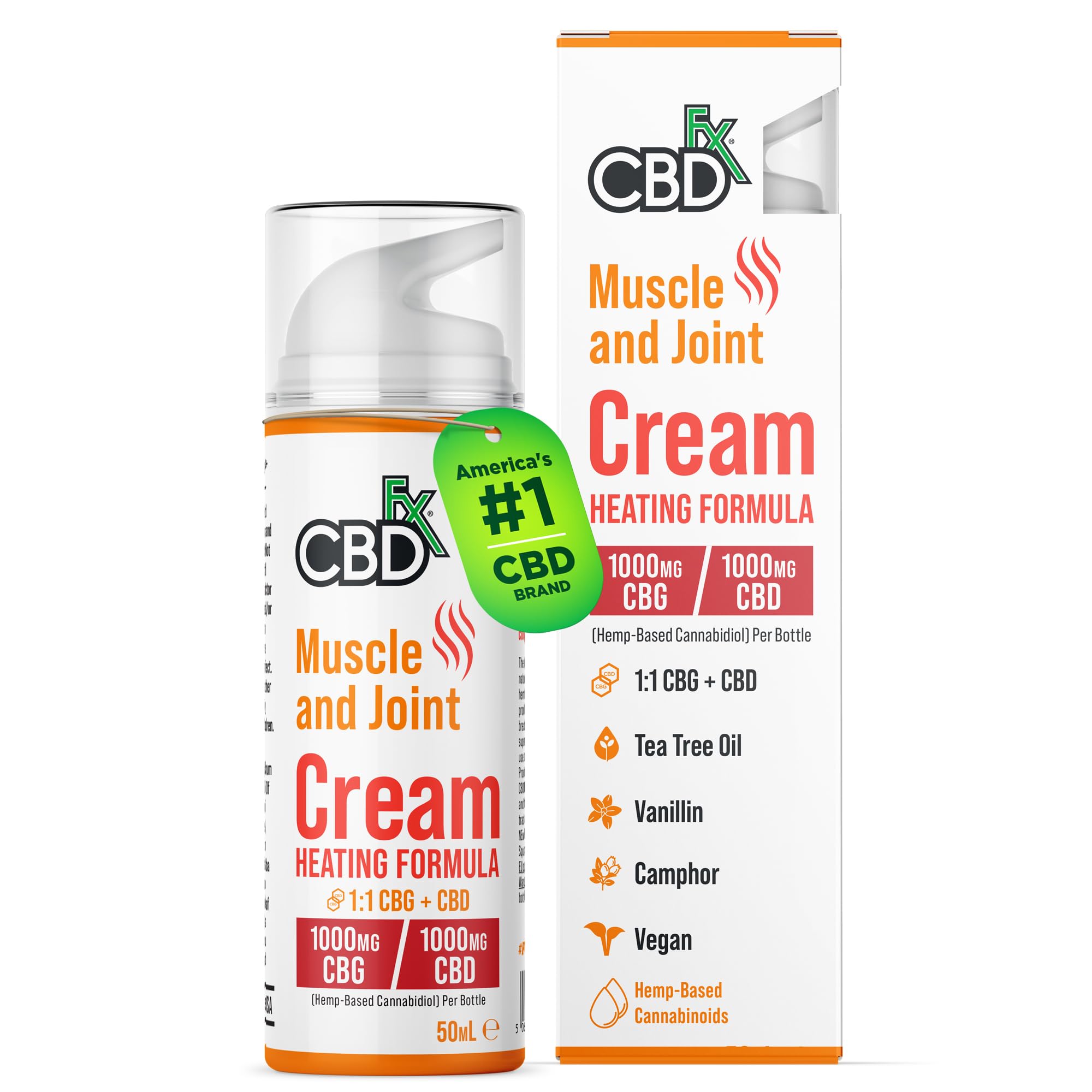 CBDfx 1000mg CBD/1000mg CBG, High Strength CBD Cream for Joints and Muscles with Caffeine, Vanillin, Tea Tree Oil and White Willow Bark, Heating Formula, 50ml