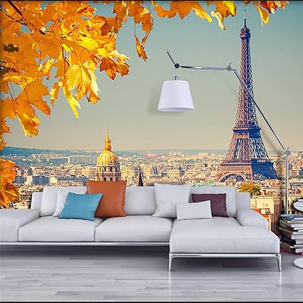 Amazon カスタマイズされた 3d 壁画の壁紙 ヨーロッパの都市 エッフェル塔 黄色の葉の壁紙 モダンな部屋の背景 家の装飾 300cmx210cm 118 1x 7inch 壁紙