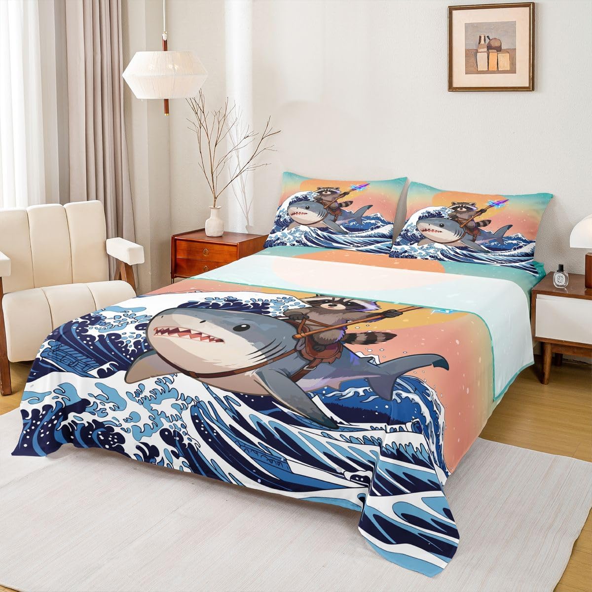 Erosebridal Grey Black Raccoon Sheet Set Japanese Cartoon Cute Whale Full Size Bed Sheets for Toddler Boys,Sunset Ukiyoe Ocean Waves Watercolor Starry Sky Bedding Set