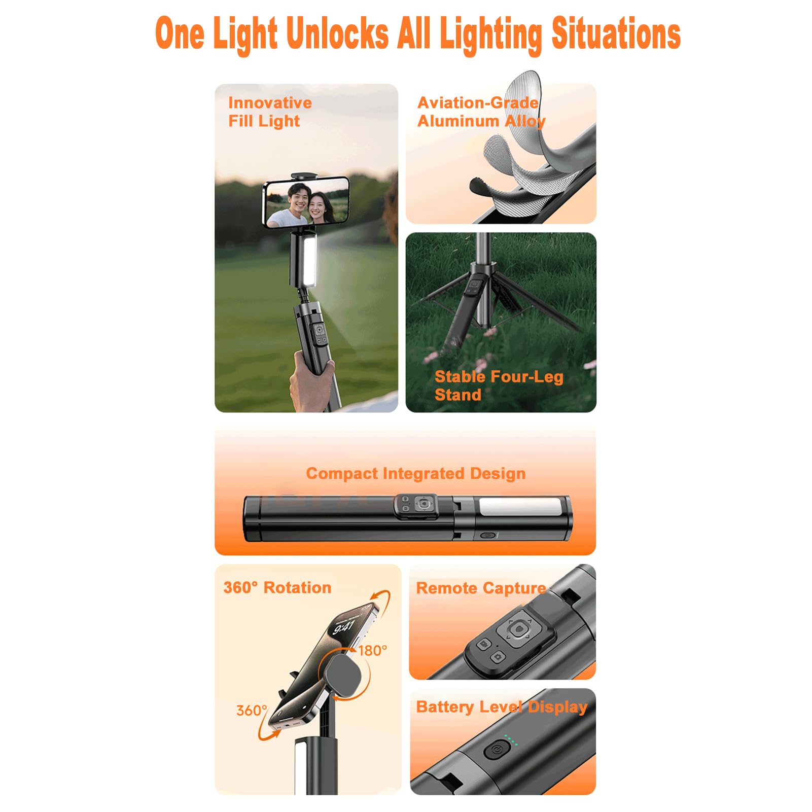 Tosuny Treppiede per Selfie Stick a 4 Gambe, Supporto per Telefono Estensibile in Lega di Alluminio con 27 Luci di Riempimento a LED e Telecomando BT, Compatibile con Smartphone da 4,7
