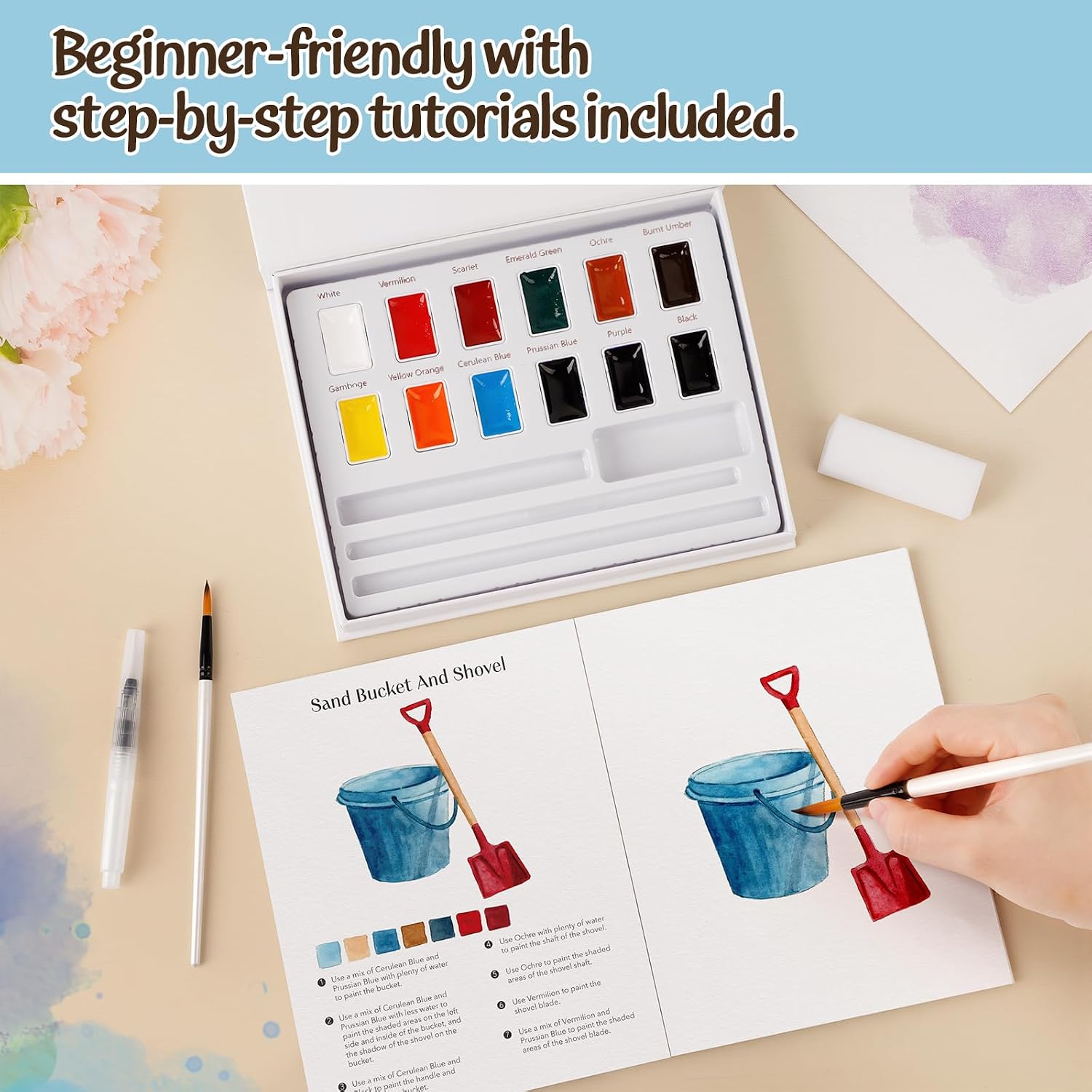 Watercolor Workbook for Beginners-Water Color Books Paint Set with 12 Original Patterns,Water Coloring Book with 12 Colors&Brushes,Arts&Crafts Birthday Gifts(Seaside)
