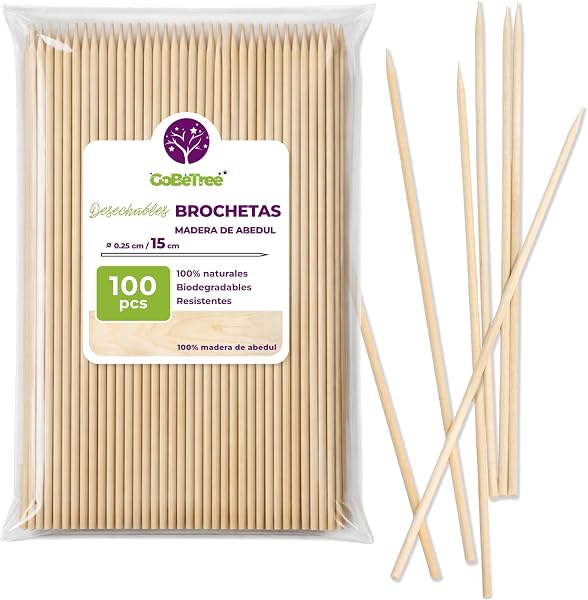 100 Pinchos de Madera de Abedul 15 cm x 2,5 mm | Palillos Extra Resistentes para Brochetas, Barbacoa, Carne y Frutas | Palos Ecológicos Multiusos para Manualidades - 1