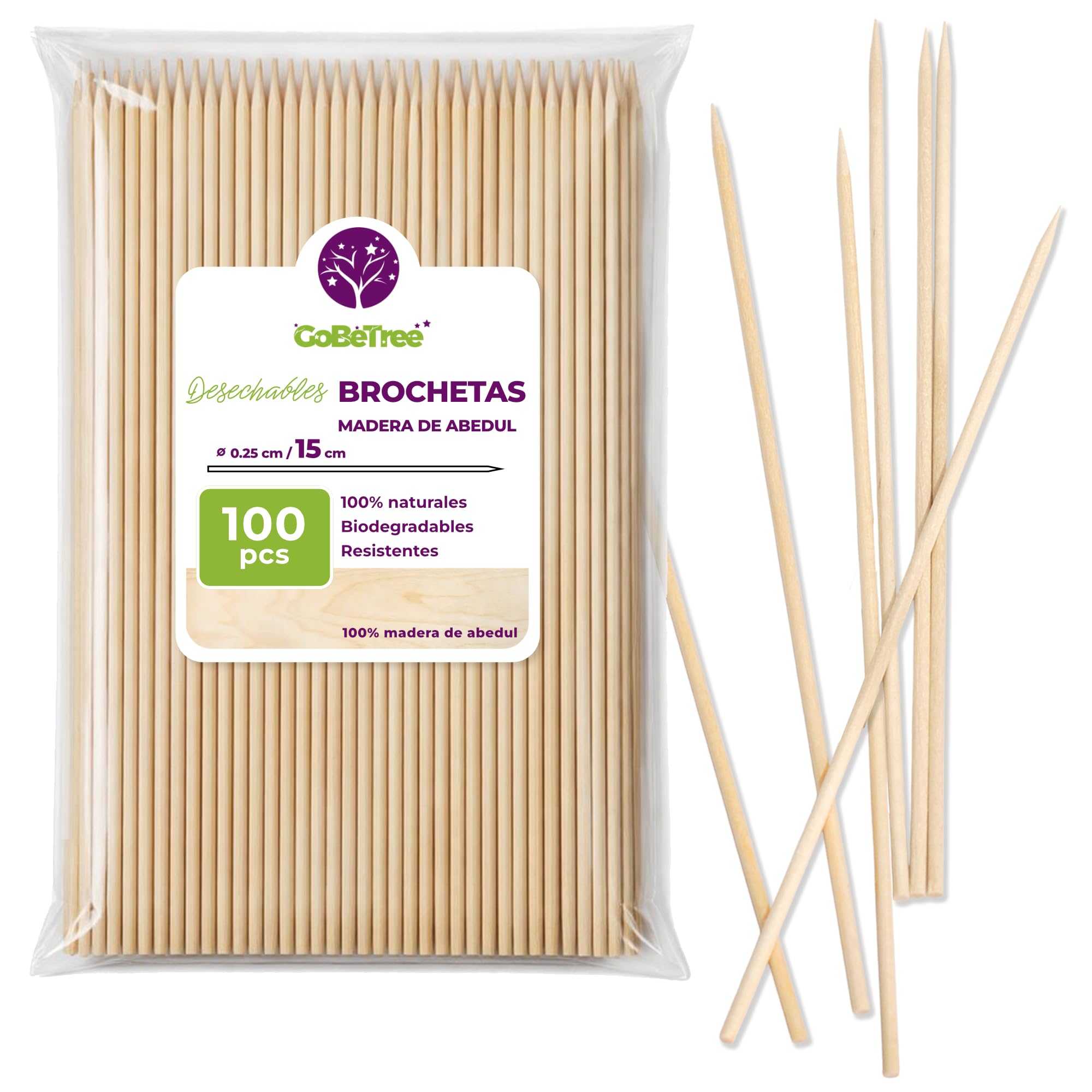 100 Pinchos de Madera de Abedul 15 cm x 2,5 mm | Palillos Extra Resistentes para Brochetas, Barbacoa, Carne y Frutas | Palos Ecológicos Multiusos para Manualidades