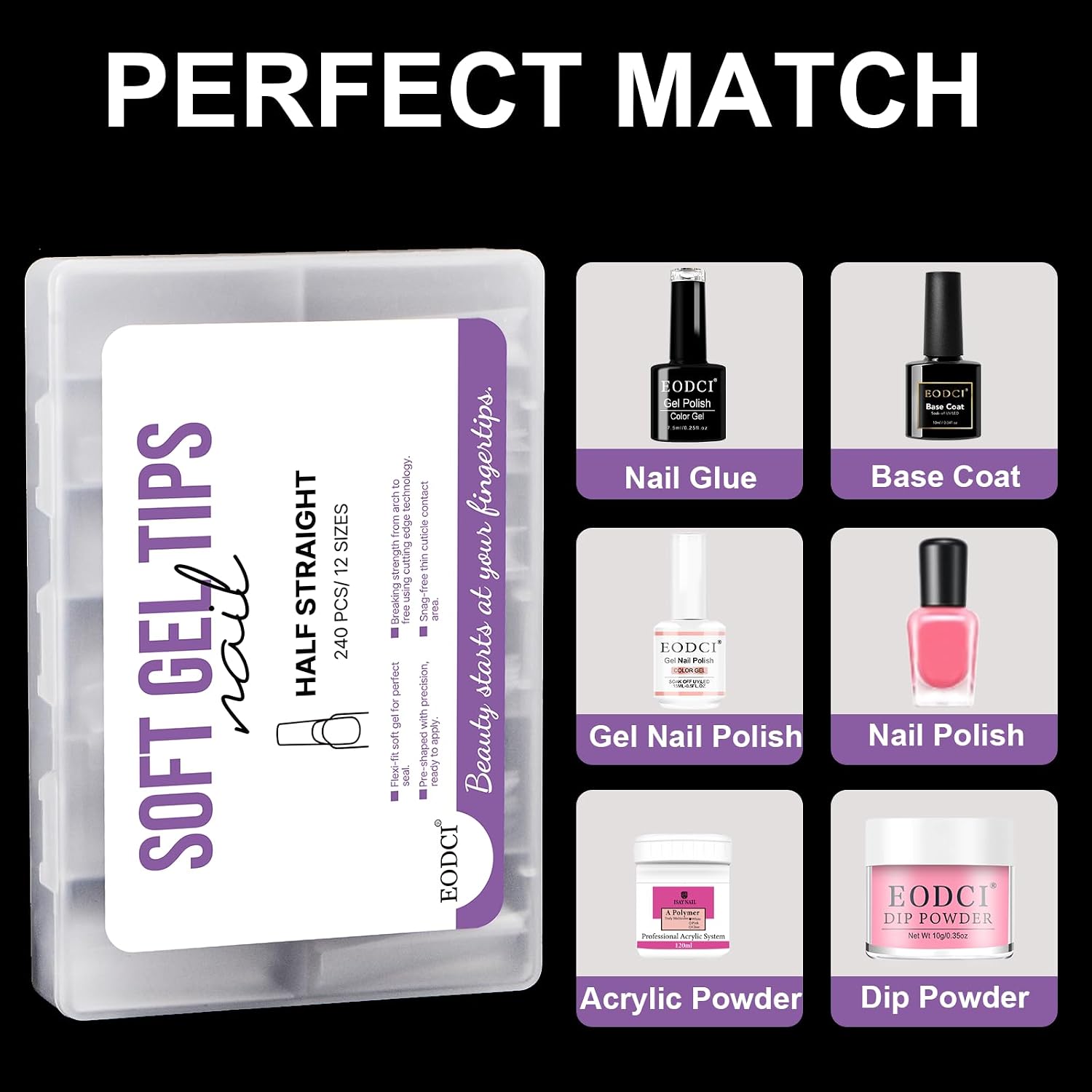 EODCI Gel Nail Tips Tapered Square Nails, 240Pcs Pre Shaped Soft Nail Tips Clear Full Cover False Nails for Gel Nail Polish Soak Off Easy for Nail Extension DIY Salon