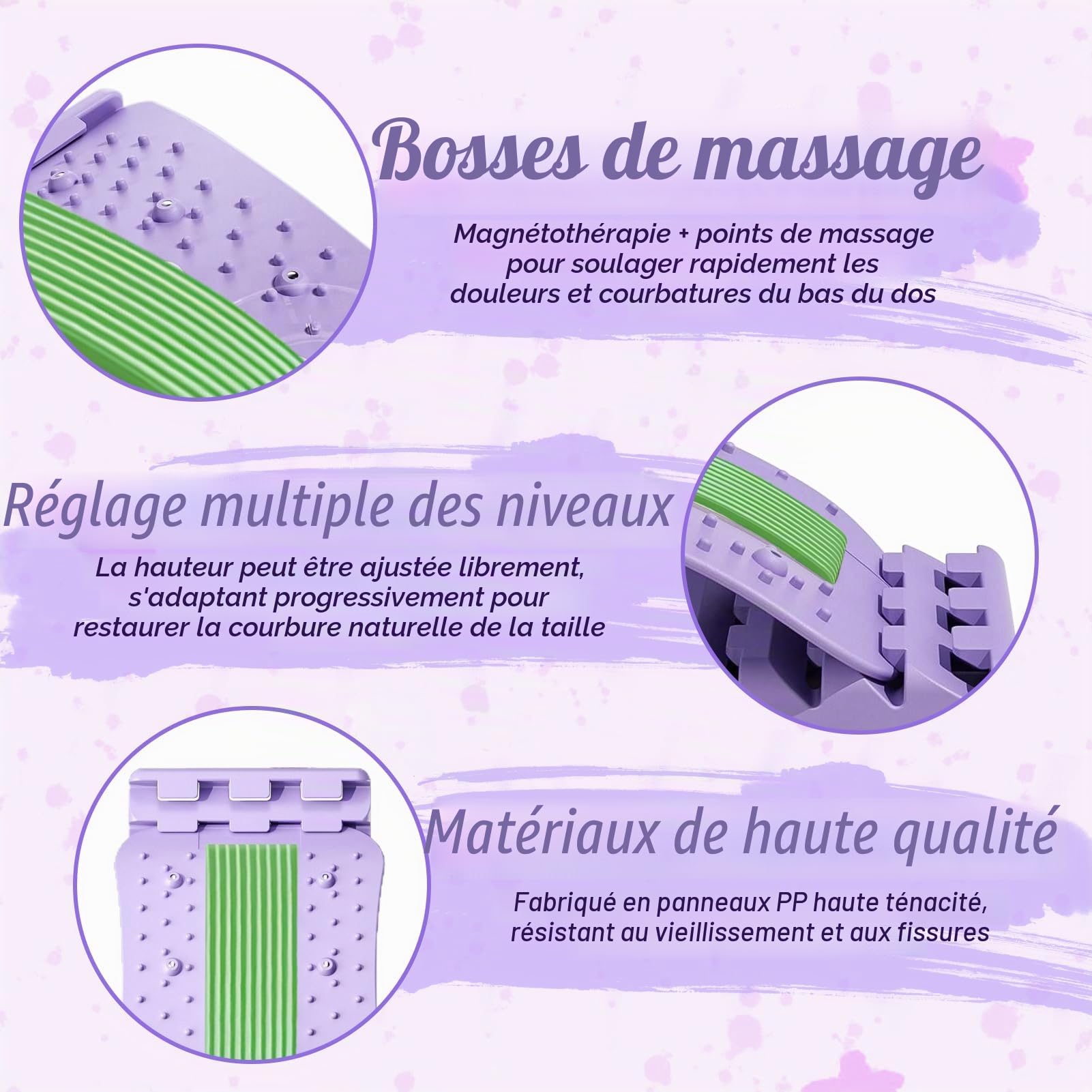 Magic Stretcher Planche de Soutien Lombaire 4 niveaux réglables 10 magnétique Violet