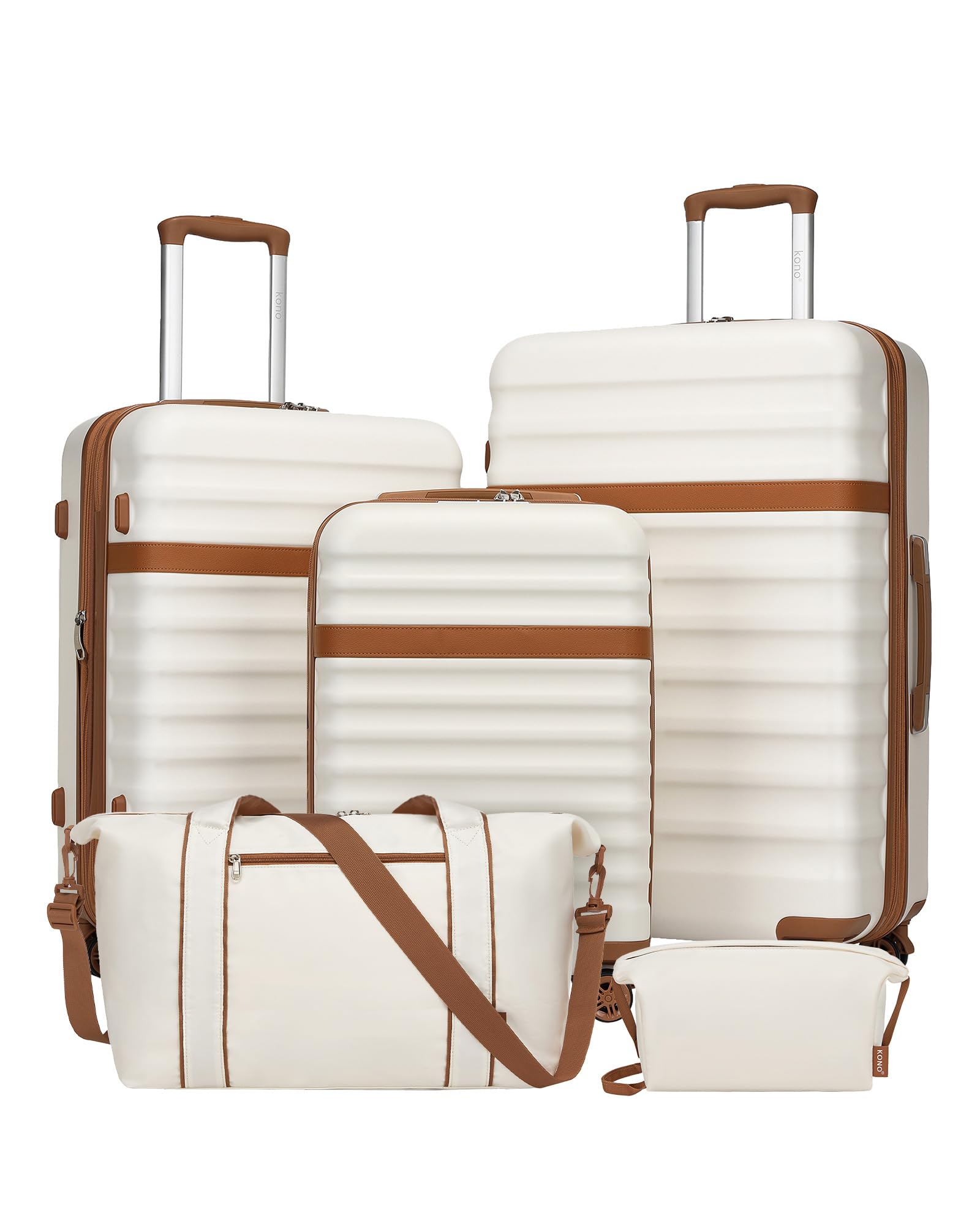 Kono Juego de Maletas con Expansión (Solo 24" y 28"), con Ruedas TPE y Cerradura TSA, más Bolsa de Viaje con Correa Ajustable y Hebilla para Carro, y Neceser, Ideal para Viajes Familiares (Crema)