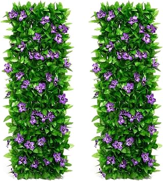 Max 200 * 40cm Expanding Garden Flower Trellis Panels, Privacy Screen Garden, Fence Screening, Gardenss Fence Screening, Gardens Fences Screeningss with Artificial Ivy and Violet Flower 2 pcs