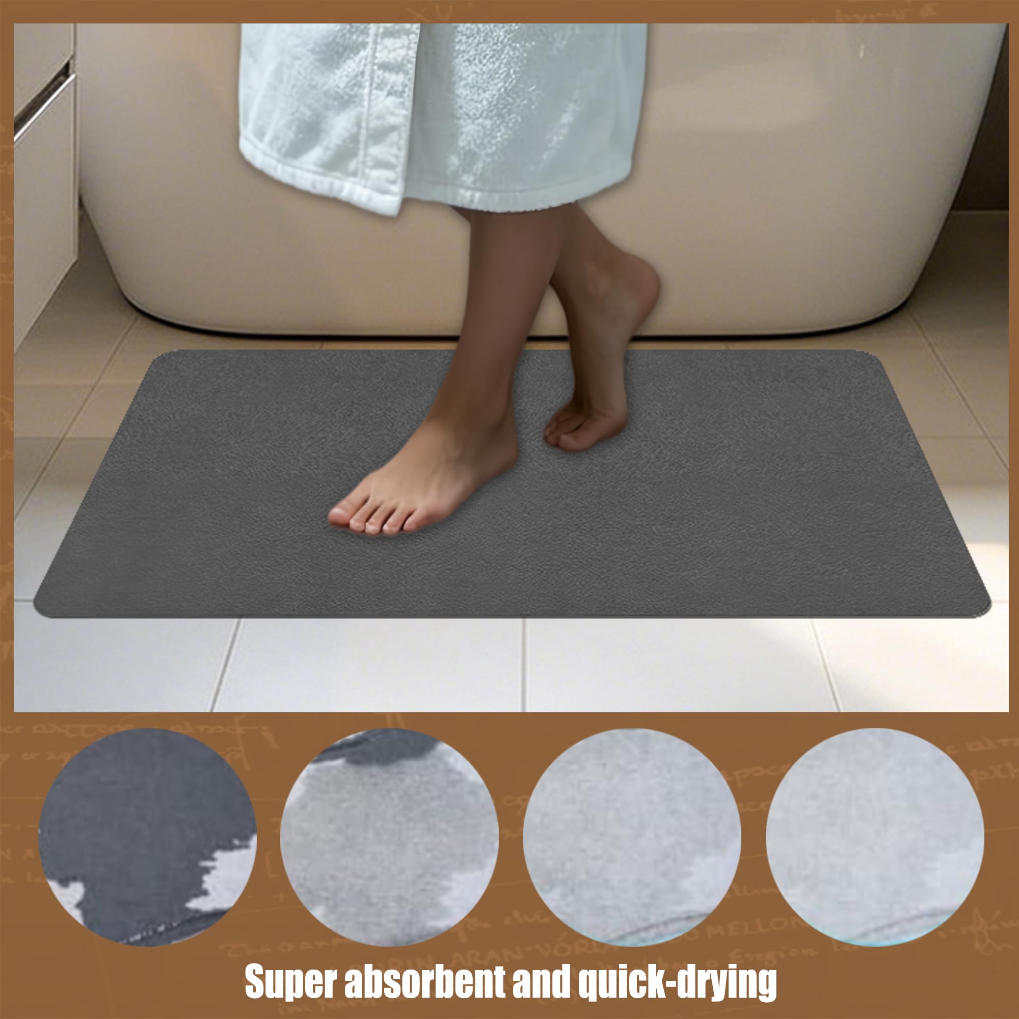 Alfombra de Baño 105 x 112 cm Secado Rápido, Antideslizante y Antibacteriana Alfombrilla de Ducha Absorbente Antideslizante y Antihumedad para Ducha, Baño y Cocina, Gris Oscuro