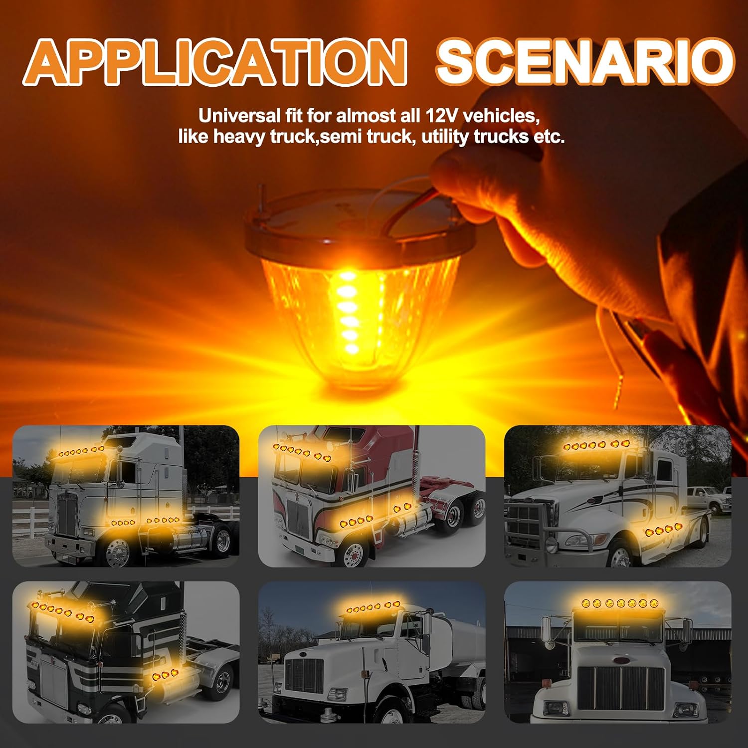 2Pcs Amber 30LED Watermelon Lights with Stainless Steel Bezel, Amber Lens, Sterobe, Side Marker Turn Signal Lights for Kenworth, Peterbilt, Freightliner Trucks