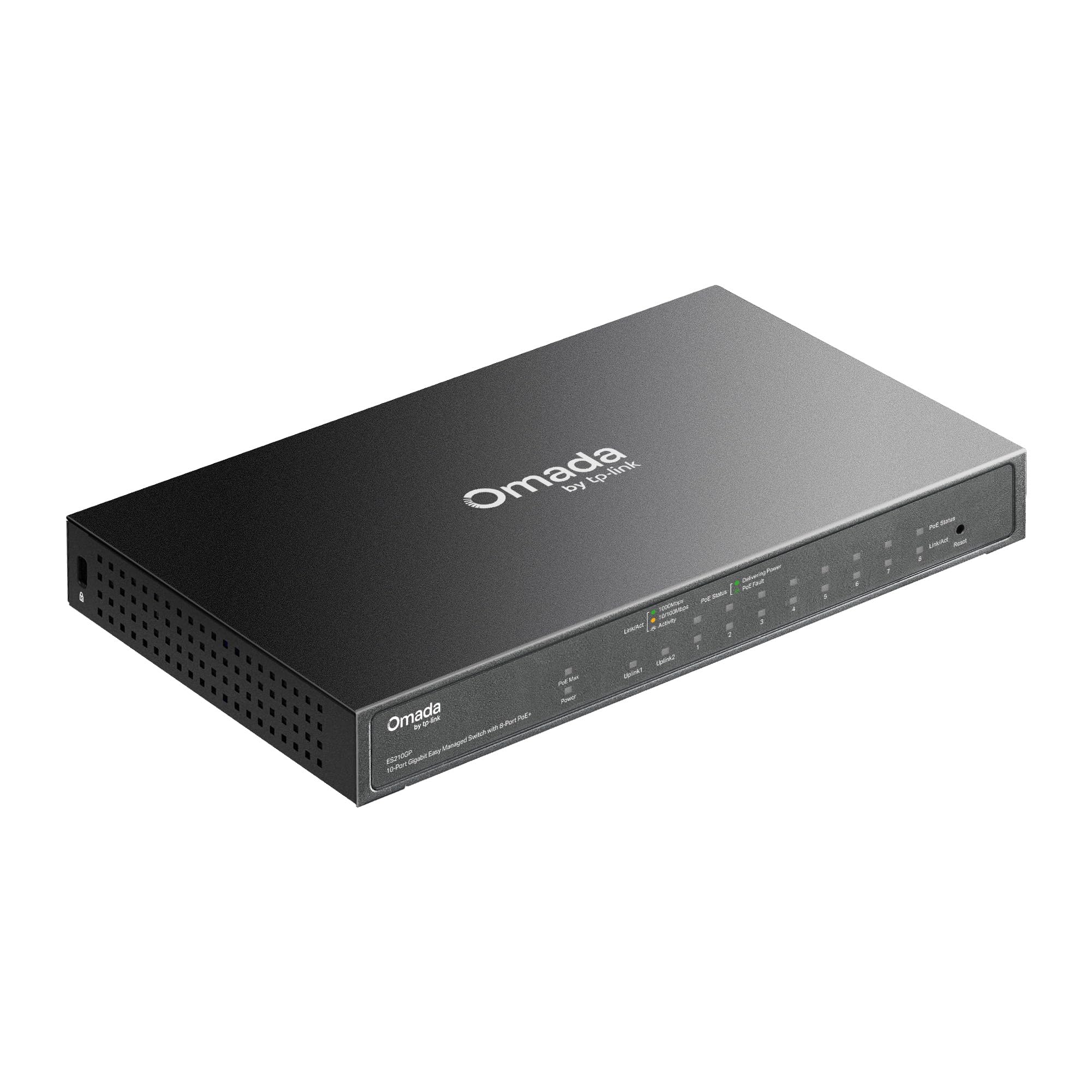 TP-Link Omada ES210GP, 10-Port Gigabit Easy Smart Switch, 63W Budget, 8 × PoE+ Ports, 1 × RJ45 + 1 × SFP Combo, Plug & Play, VLAN, QoS, PoE Auto-Wiederherstellung, Lüfterlos, Cloud-Verwaltung