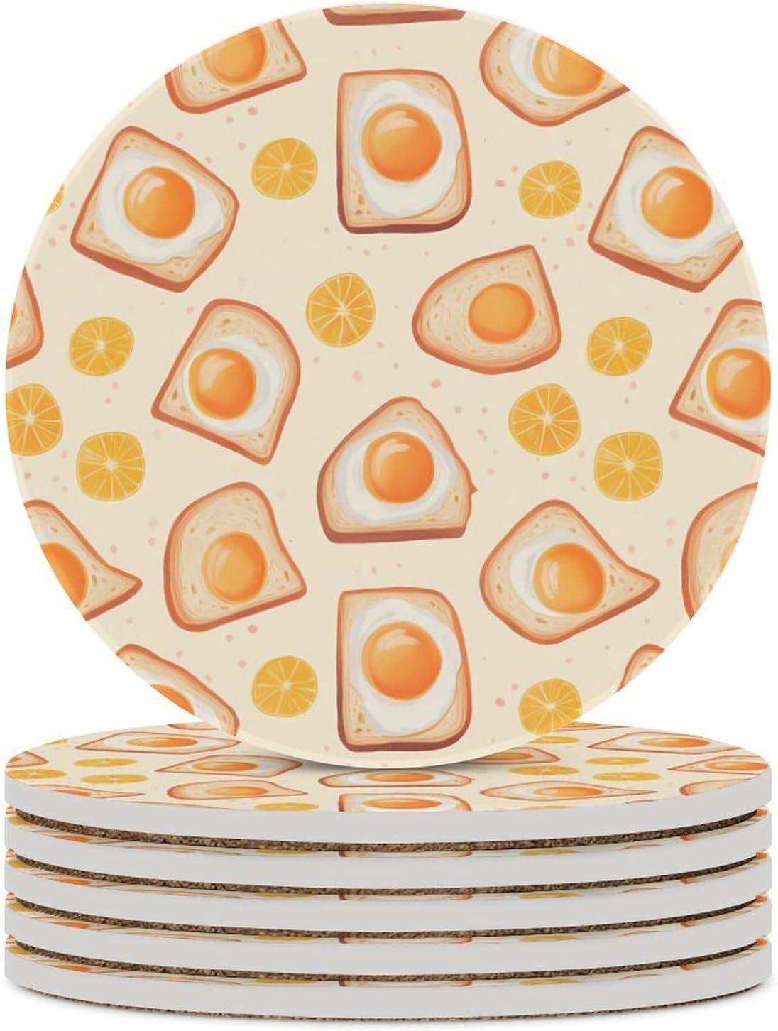 Breakfast Items Eggs and Toast Round Ceramic Coasters for Drinks Absorbent Cup Holder Tabletop Protector with Cork Base